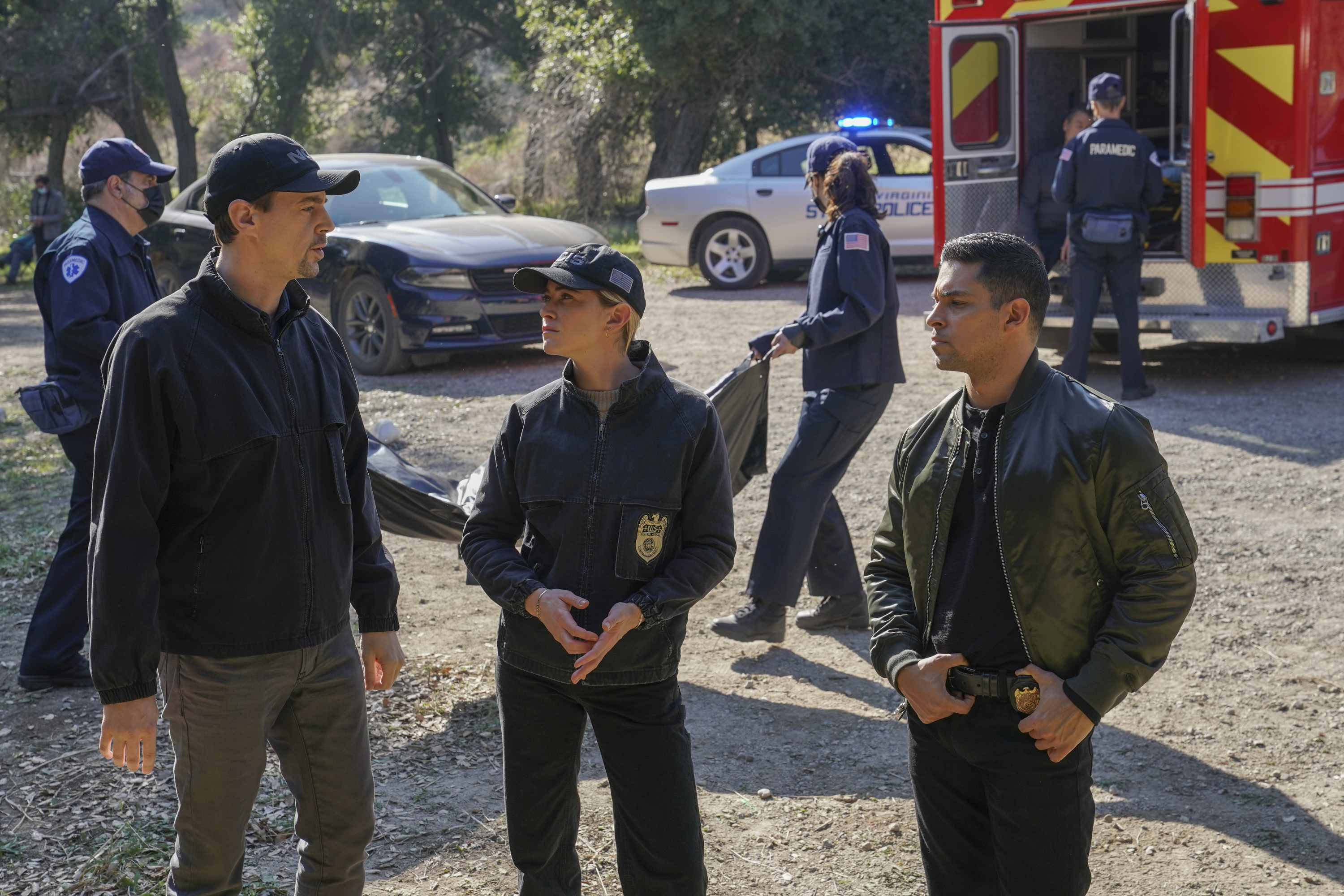 Sean Murray, Emily Wickersham, and Wilmer Valderrama | Sonja Flemming/CBS via Getty Images