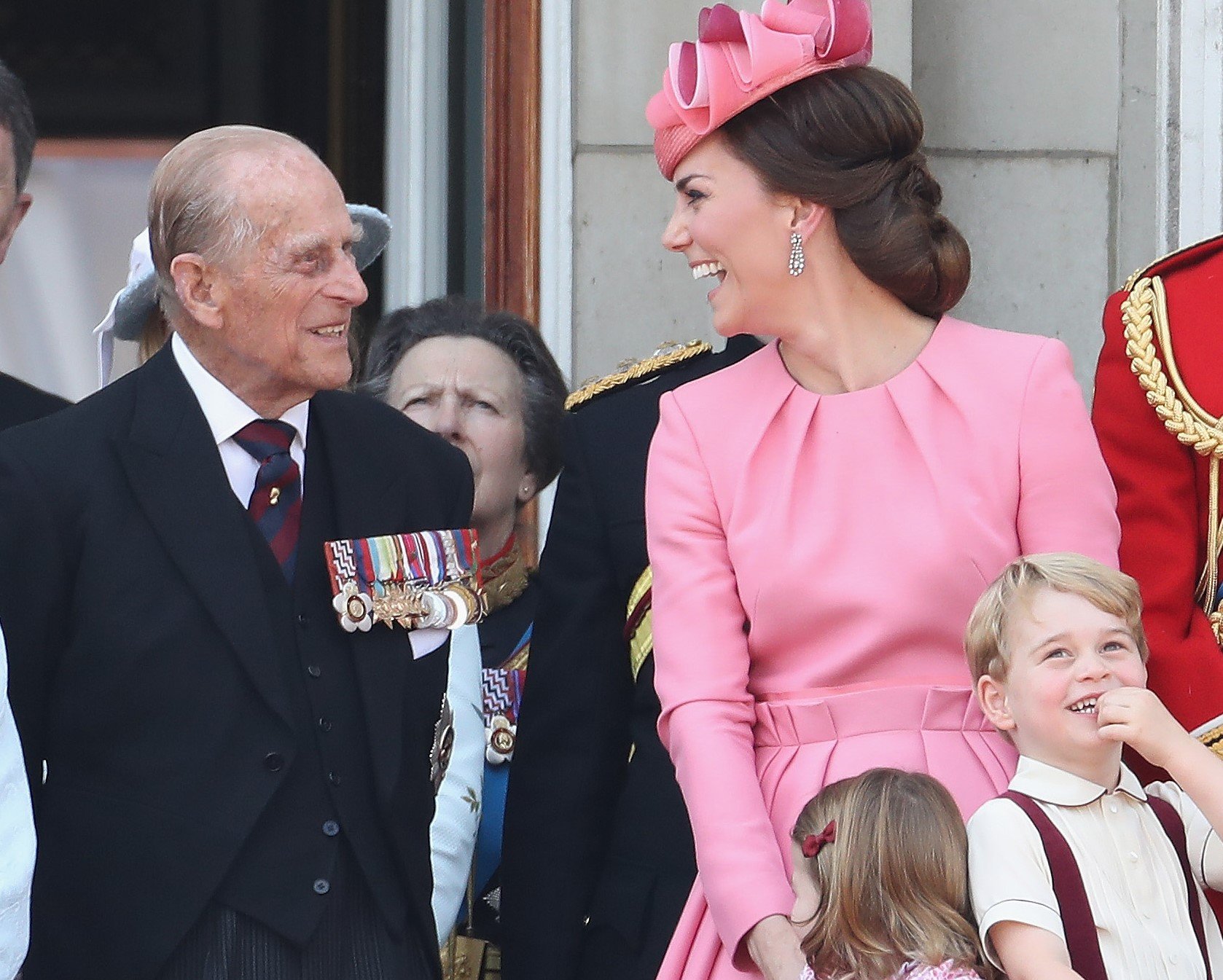 Prince Philip, Kate Middleton and her children, Princess Charlotte and Prince George, standing on the balcony of Buckingham Palace during the Trooping the Colour parade