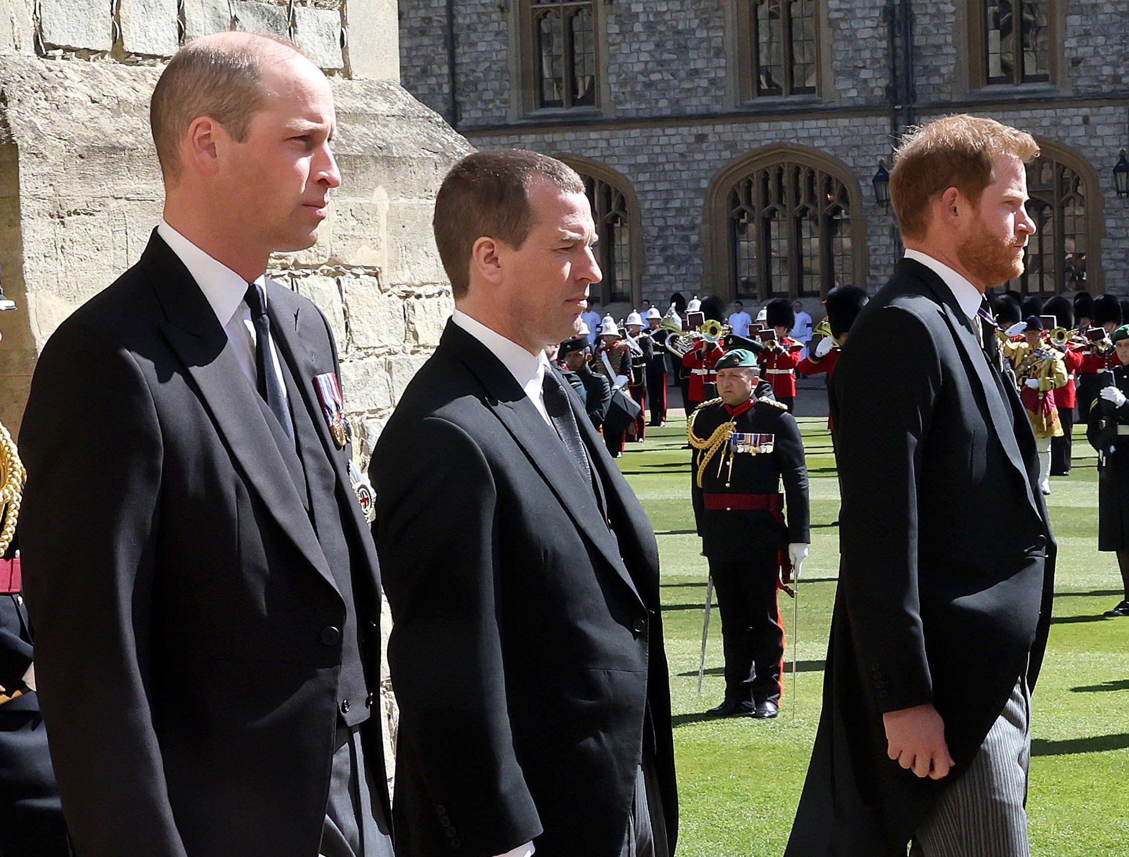 Prince William, Peter Phillips, Prince Harry follow Prince Philip's coffin during the ceremonial funeral procession