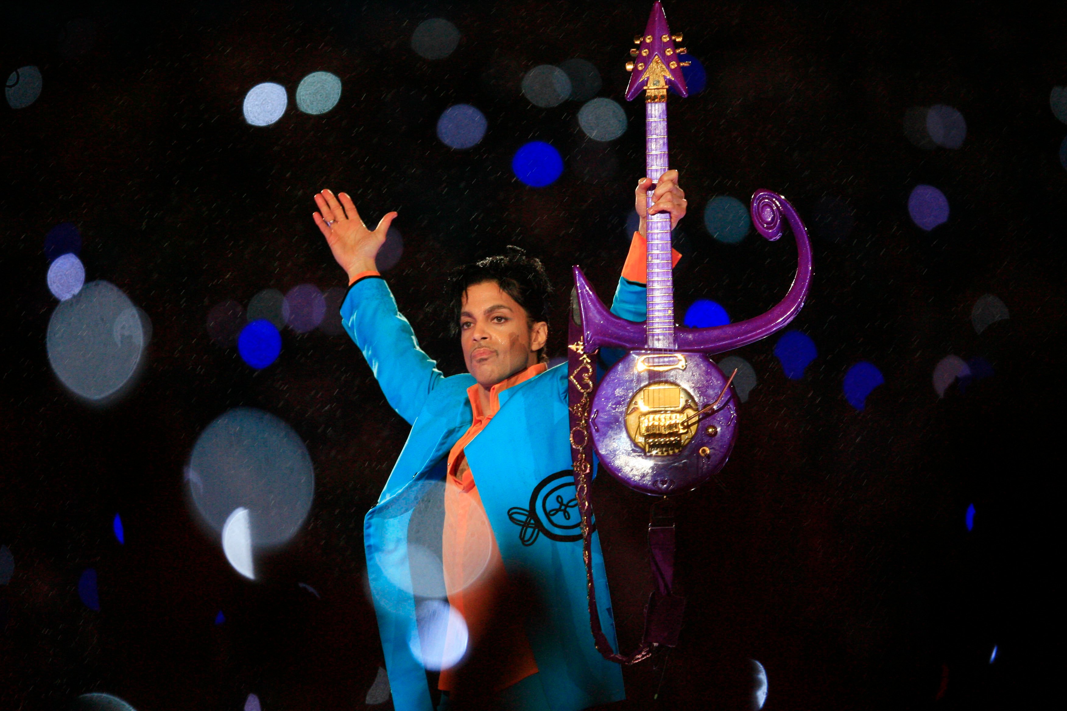 Prince performing during the 'Pepsi Halftime Show' at Super Bowl XLI