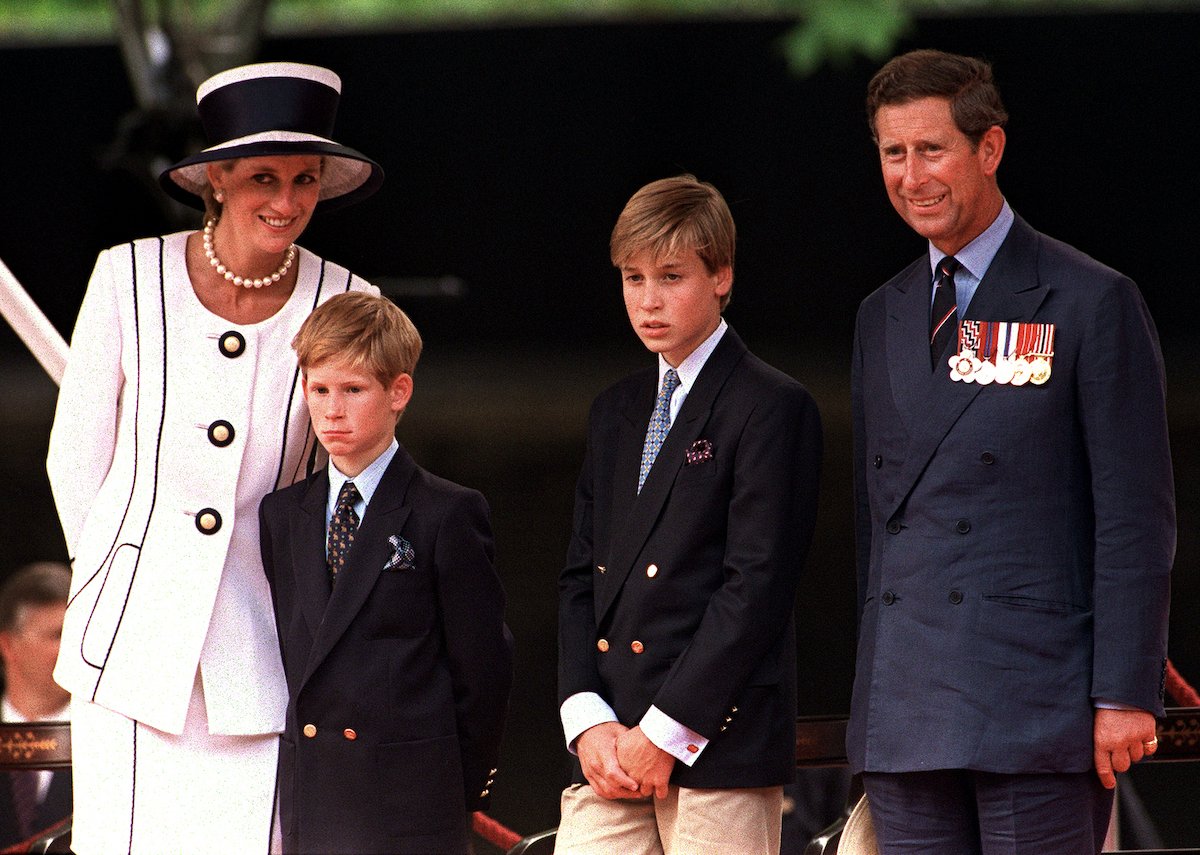 Princess Diana Prince Harry, Prince William and Prince Charles at a parade in the Mall, London,