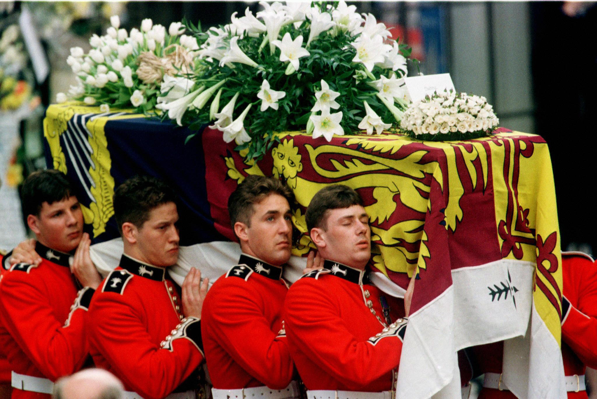 Princess Diana's coffin being carried into Westminster Abbey on September 6, 1997