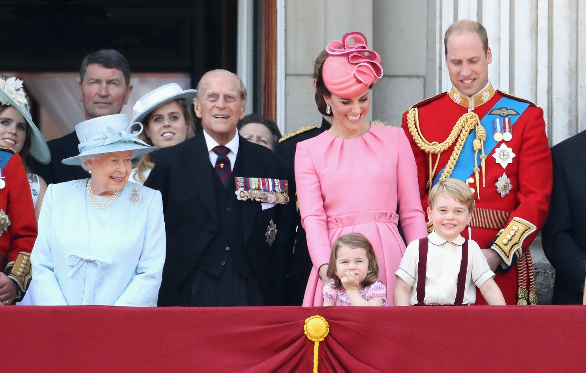 (L-R) Queen Elizabeth, Prince Philip, Kate Middleton, Prince William (Front, L-R) Princess Charlotte and Prince George smiling