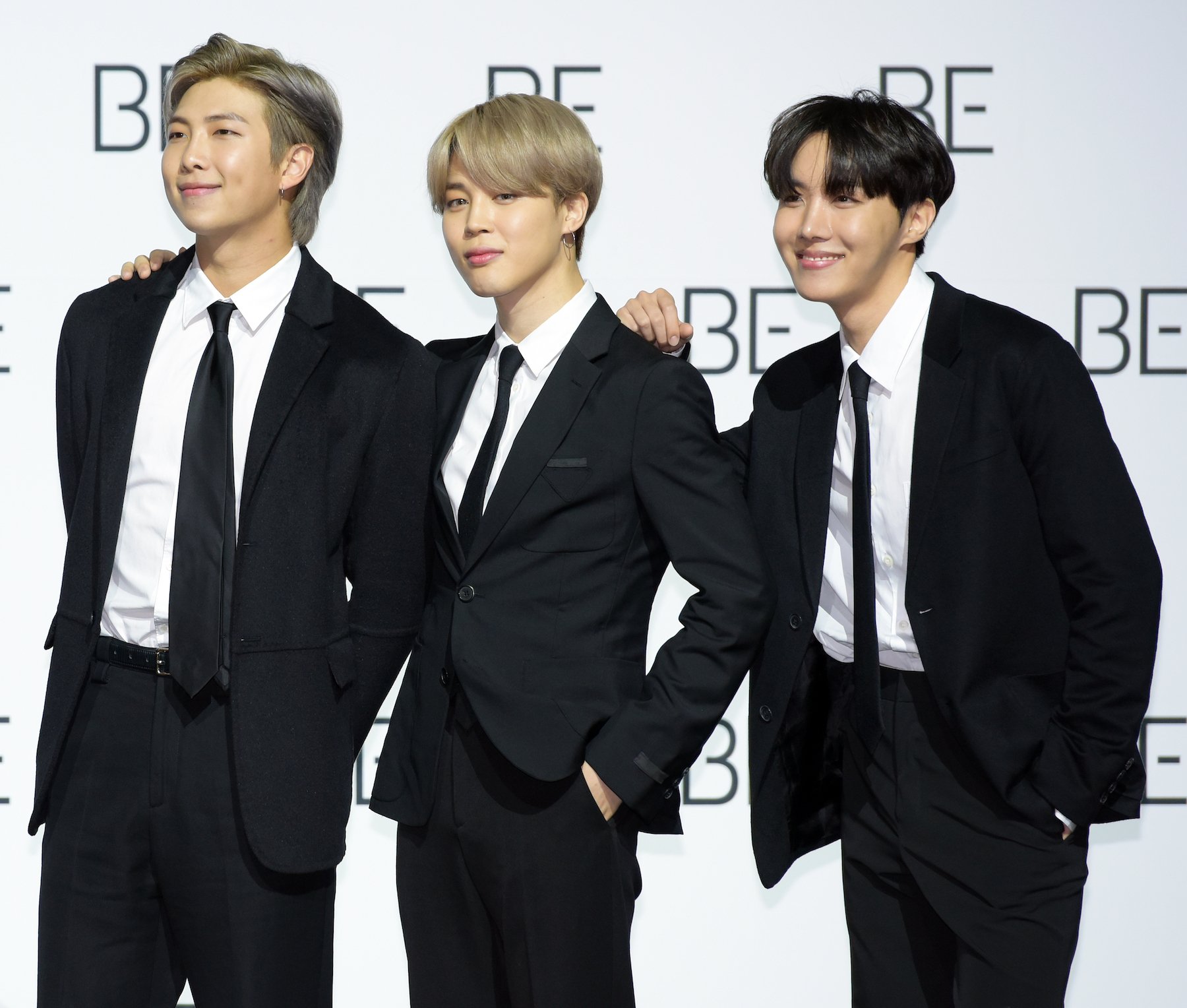 RM, Jimin, and J-Hope of the boy band, BTS, at the press conference for their album, 'BE (Deluxe Edition)'