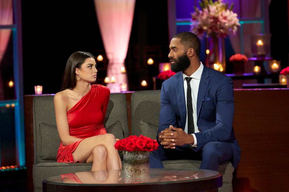 Matt James and Rachael Kirkconnell sit next to each other on 'The Bachelor'