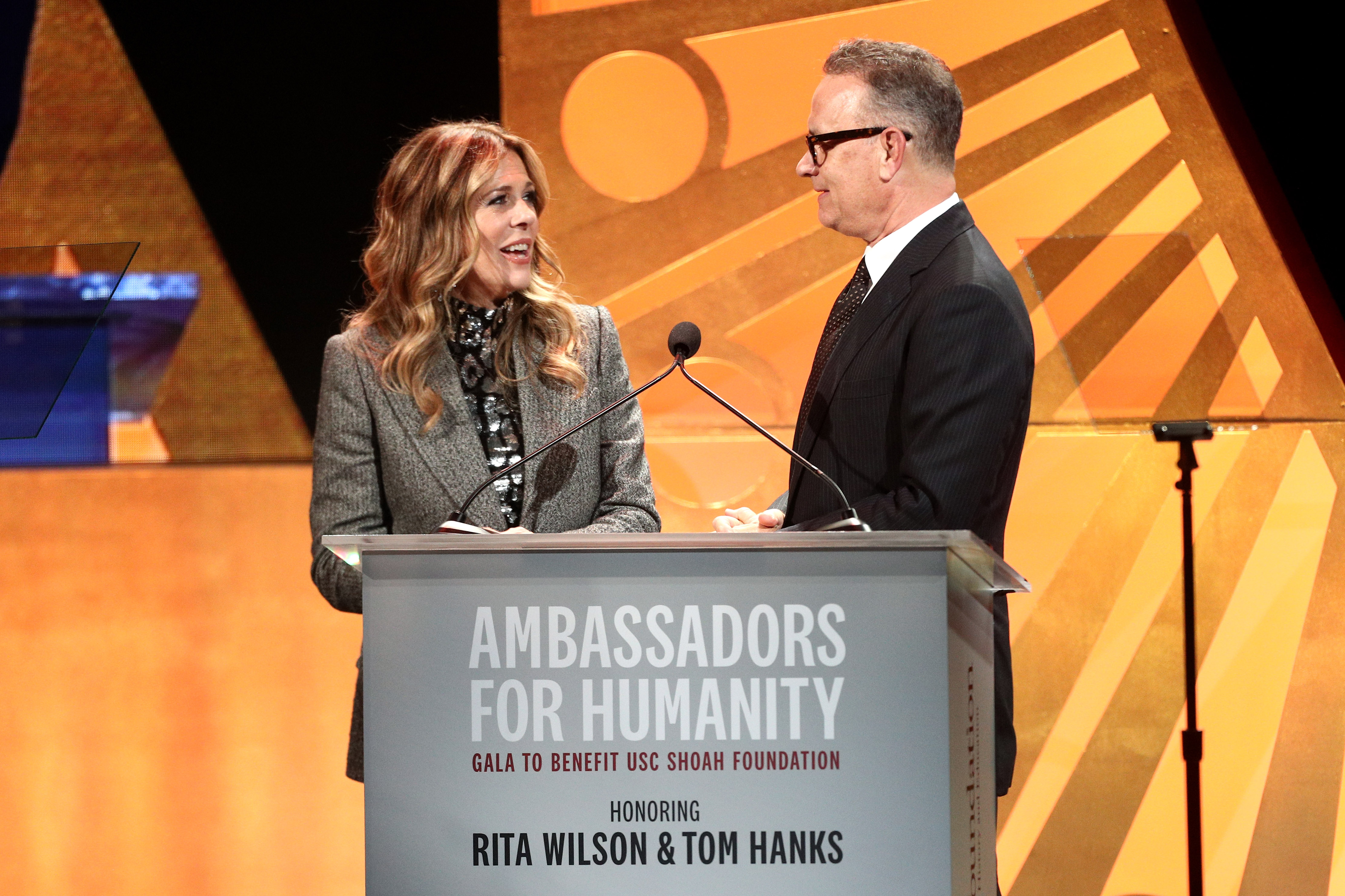 Rita Wilson and Tom Hanks speak at Ambassadors for Humanity