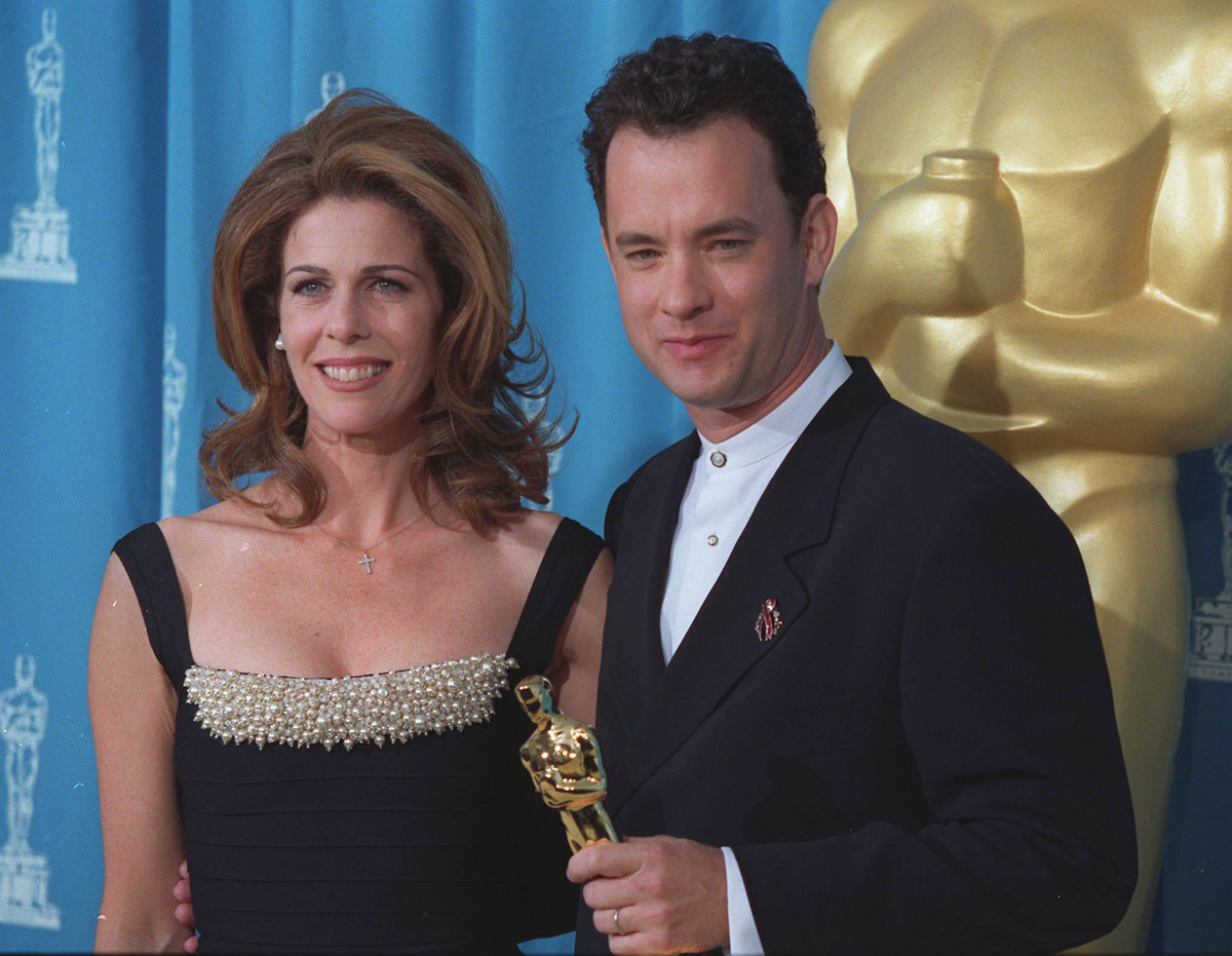 Tom Hanks is joined by his wife, Rita Wilson, at the 1995 Academy Awards ceremony in Los Angeles