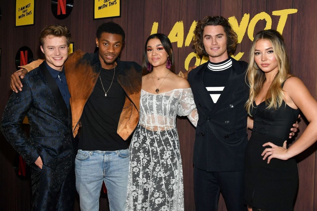 Rudy Pankow, Jonathan Daviss, Madison Bailey, Chase Stokes and Madelyn Cline of 'Outer Banks' attend Netflix's 'I Am Not Okay With This' Photocall