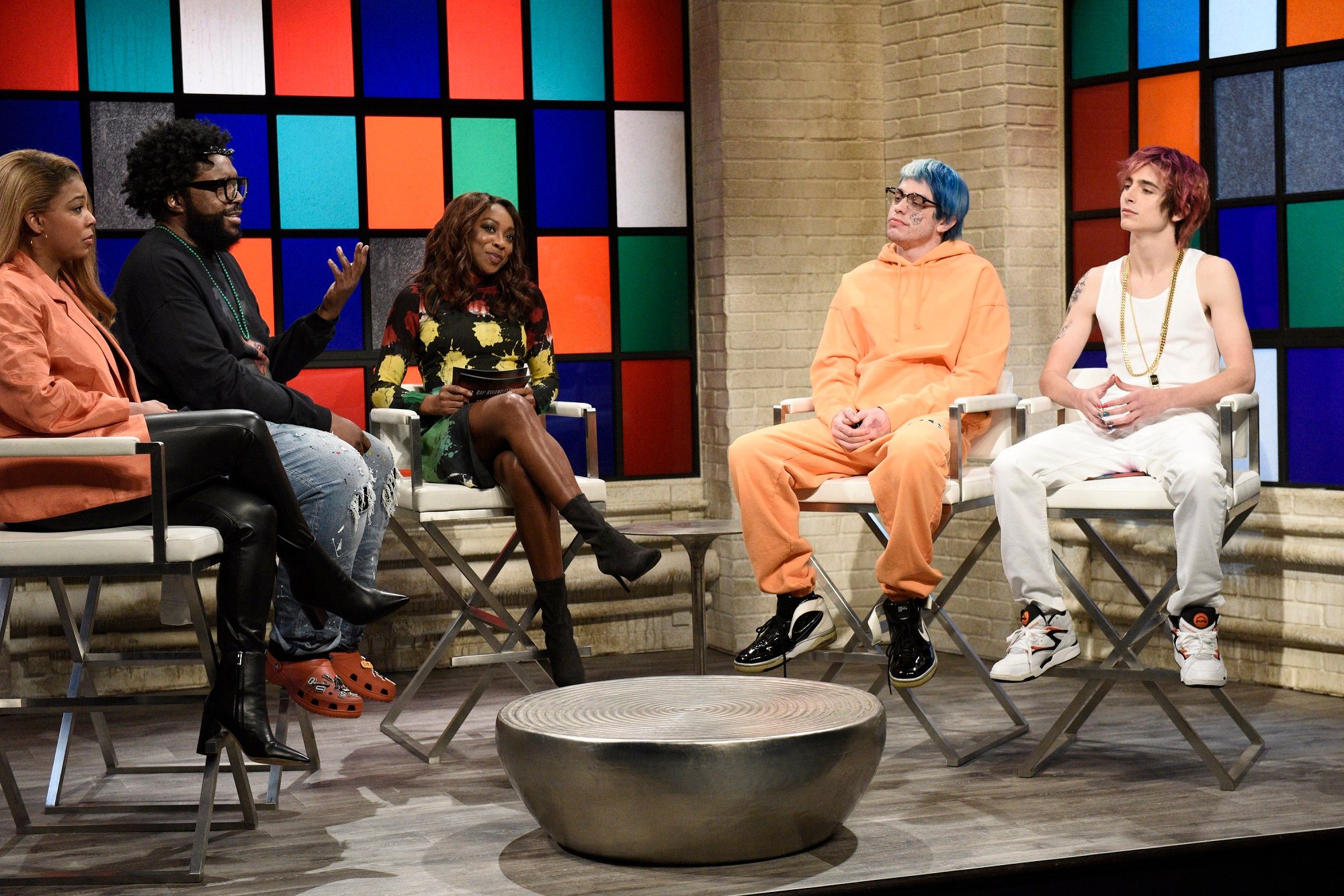 Punkie Johnson as Queen Latifah, Questlove as himself, Ego Nwodim as Nunya Business, Pete Davidson as Guaplord and Timothée Chalamet as $mokecheddathaassgetta during a sketch on 'Saturday Night Live'