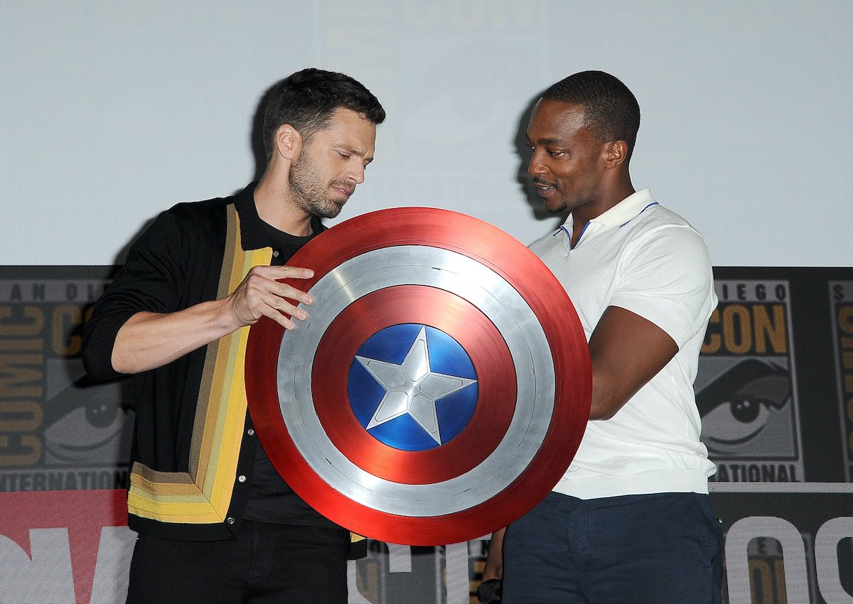 Sebastian Stan and Anthony Mackie speak at the Marvel Studios Panel during 2019 Comic-Con International in San Diego, Calif.