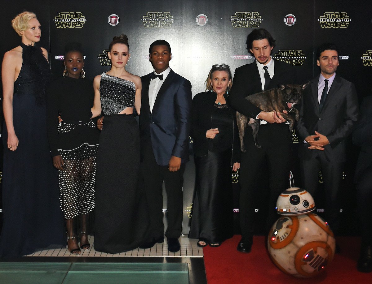 Gwendoline Christie, Lupita Nyong'o, Daisy Ridley, John Boyega, Carrie Fisher, Adam Driver and Oscar Isaac at the premiere of 'Star Wars: The Force Awakens'