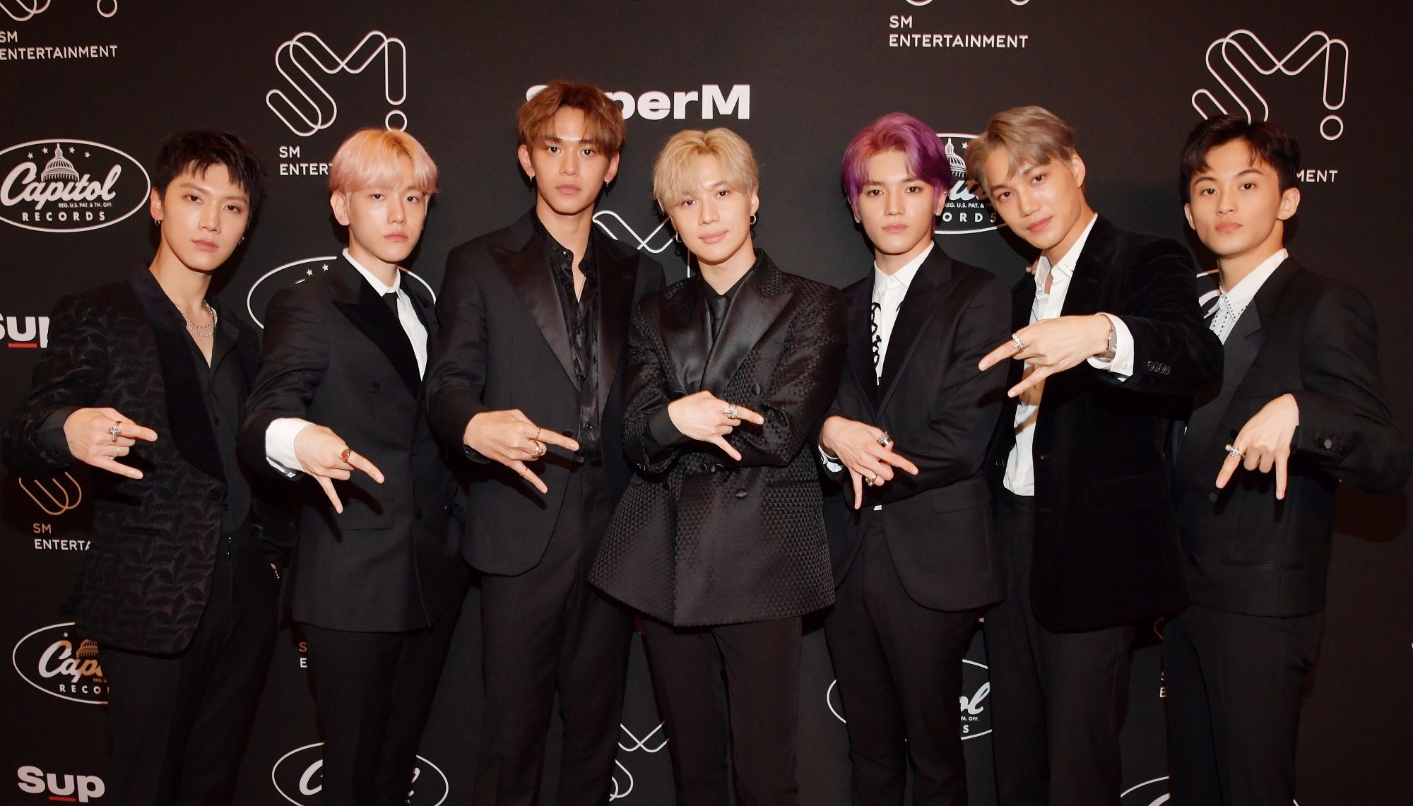 Ten, Baekhyun, Lucas, Taemin, Taeyong, Kai, and Mark of K-pop group SuperM attend Premiere Event Live From Capitol Records in 2019