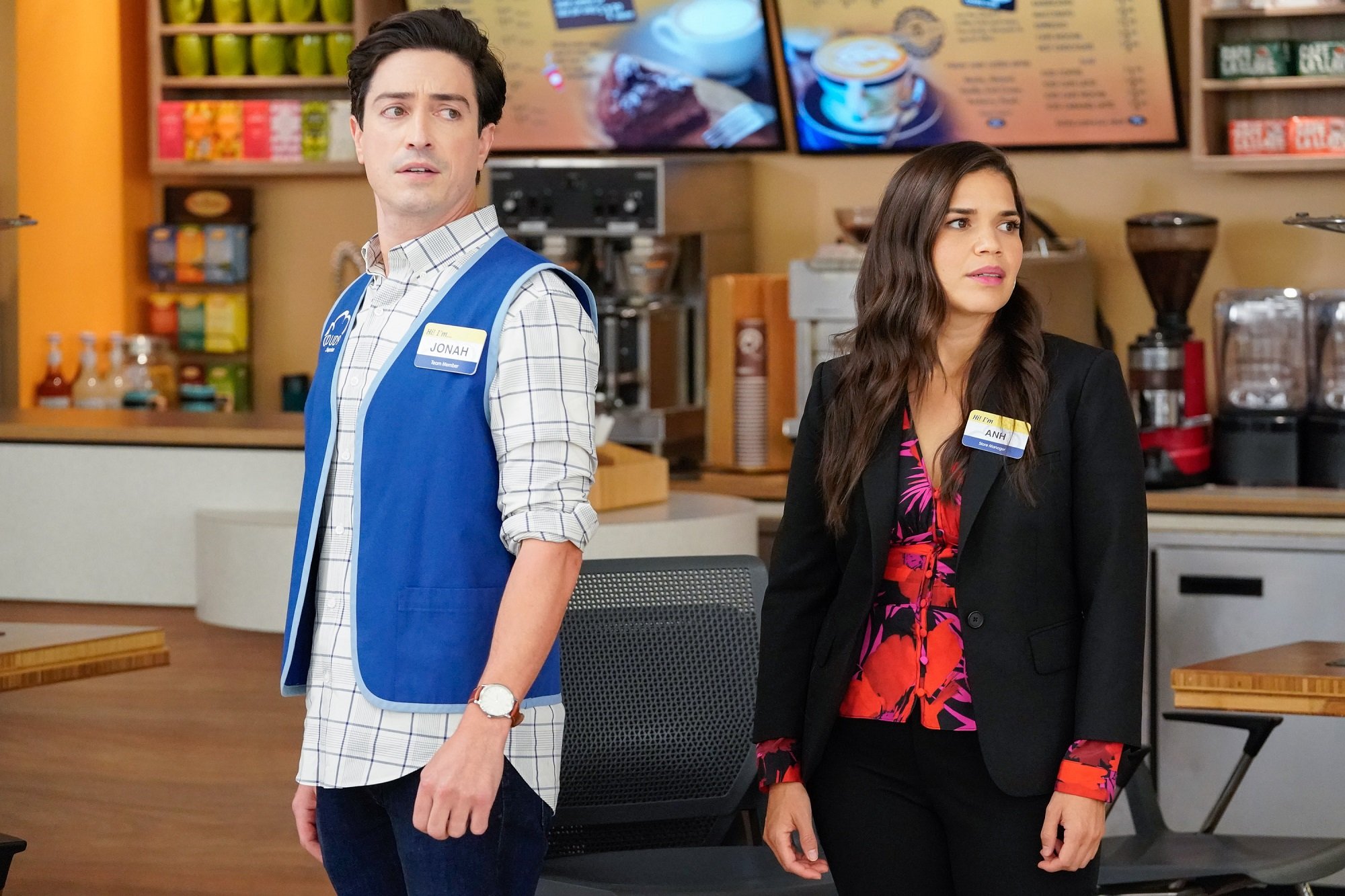 Ben Feldman as Jonah and America Ferrera as Amy in Season 6 of 'Superstore'