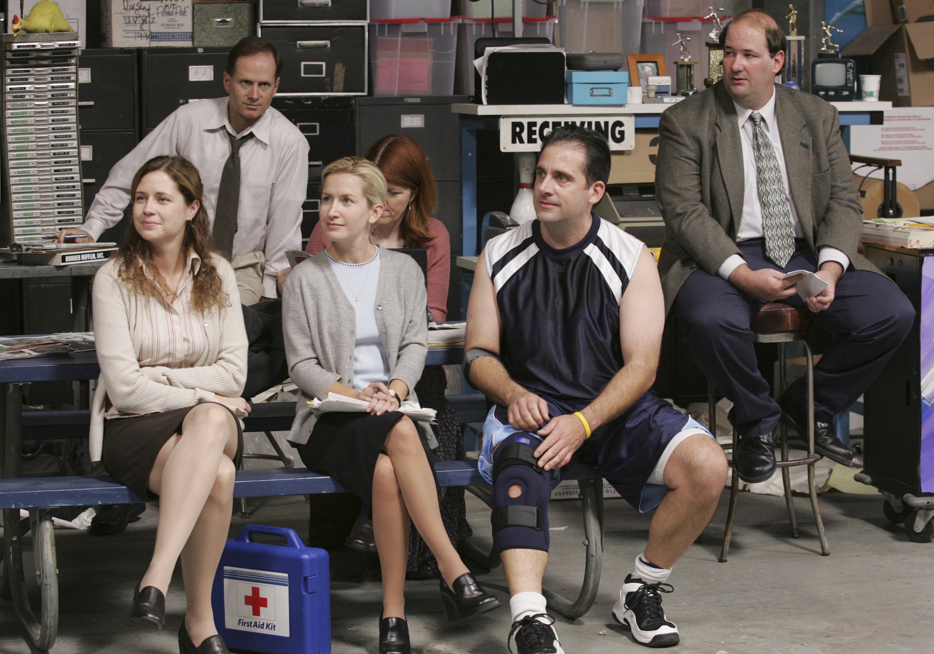 Jenna Fischer as Pam Beesly, Devon Abner as Devon, Angela Kinsey as Angela Martin, Kate Flannery as Meredith Palmer, Steve Carell as Michael Scott, and Brian Baumgartner as Kevin Malone in the 'Basketball' episode of 'The Office'