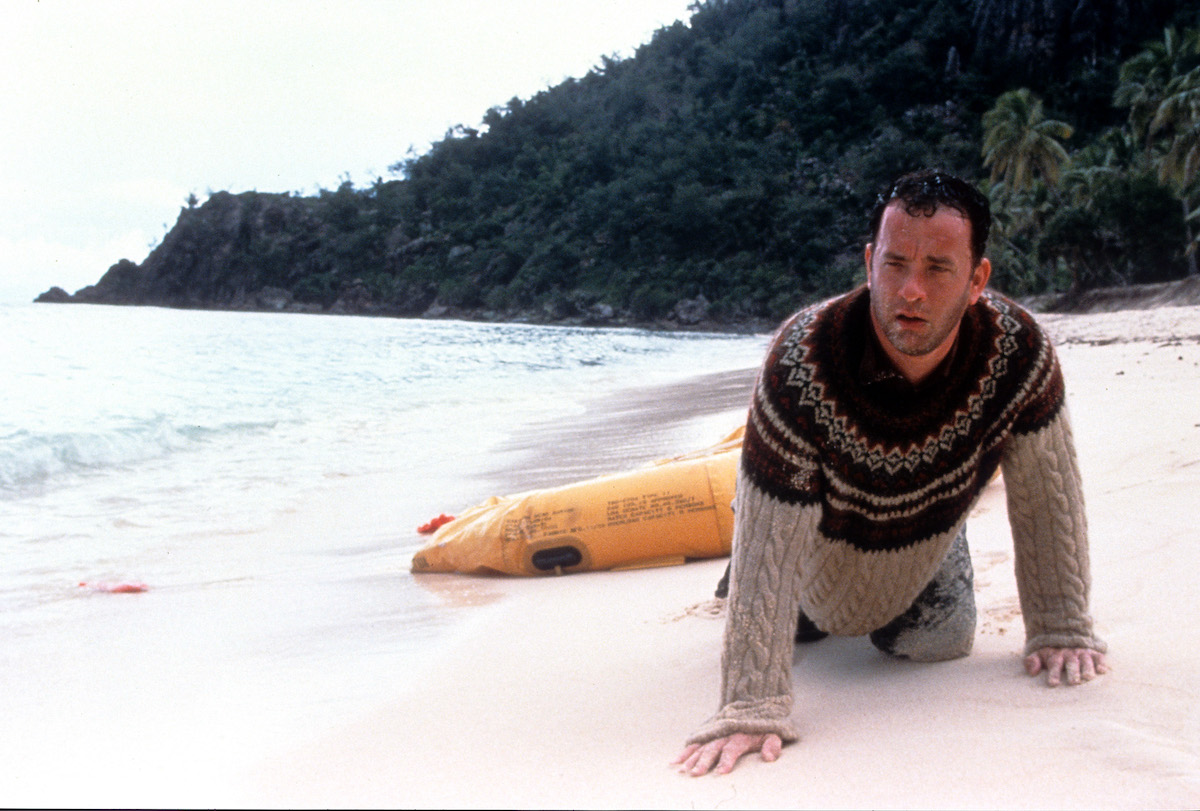 Tom Hanks washed up on the beach of an island in a scene fro