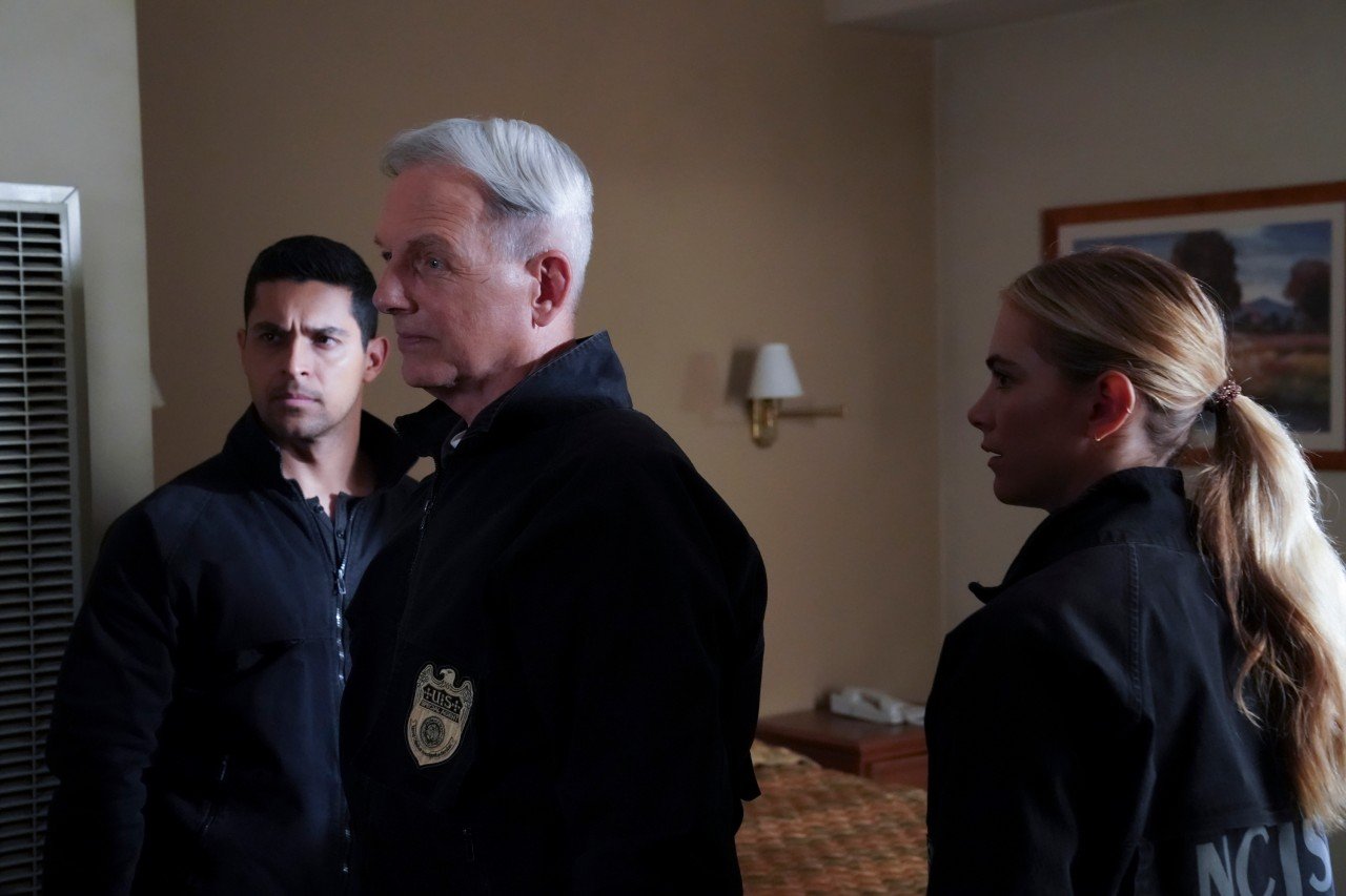 Wilmer Valderrama with Mark Harmon and Emily Wickersham | Michael Yarish/CBS via Getty Images