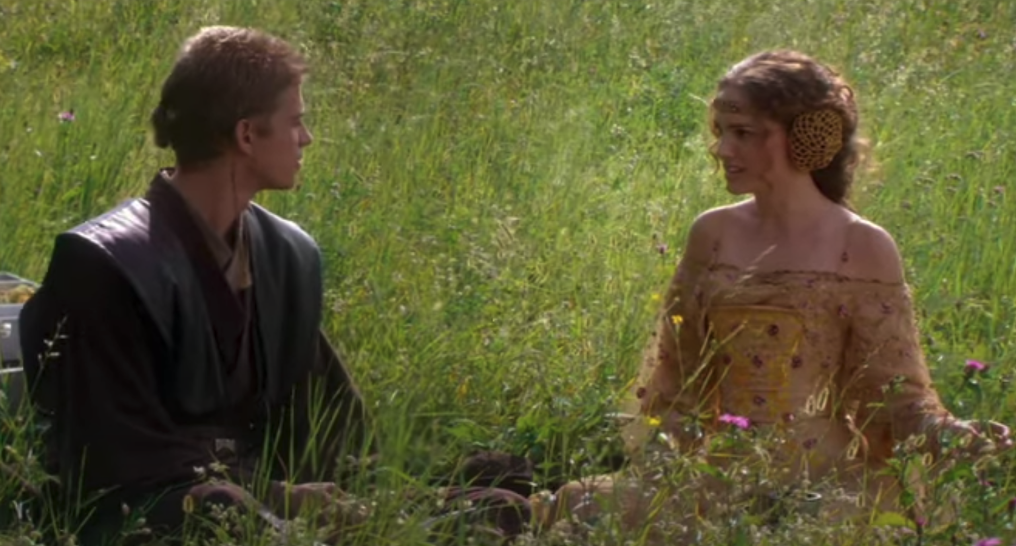 Hayden Christensen as Anakin Skywalker and Natalie Portman as Padmé Amidala in 'Star Wars: Episode II — Attack of the Clones'