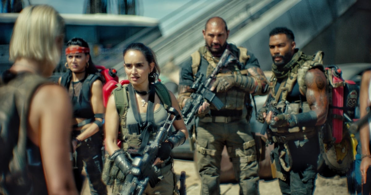 'Army of the Dead' with Nora Arnezeder as Lilly, Samantha Win as Chambers, Ana De La Reguera as Cruz, Dave Bautista as Scott Ward, and Omari Hardwick as Vanderohe