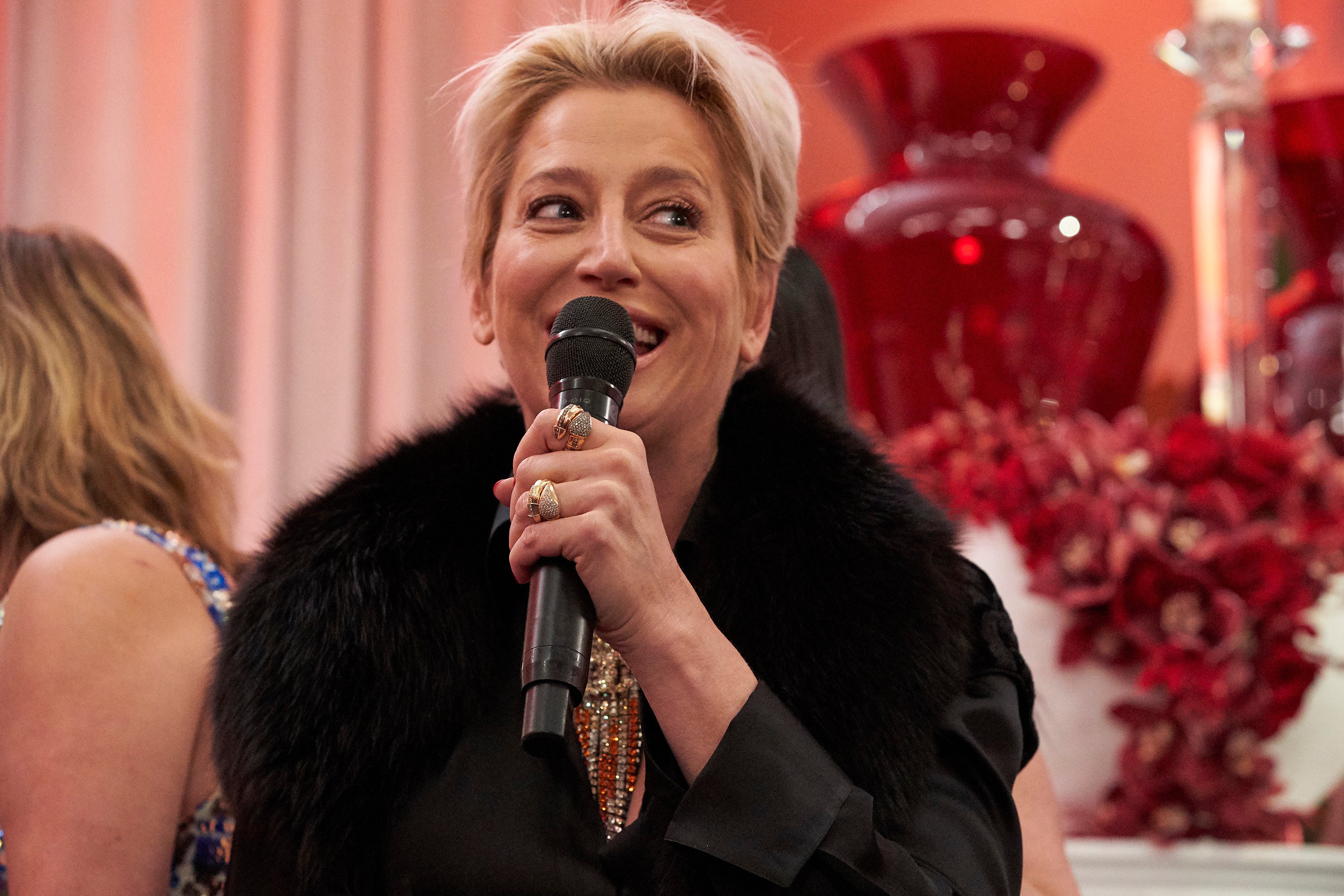 Dorinda Medley holding a microphone during a 'RHONY' Season 12 scene