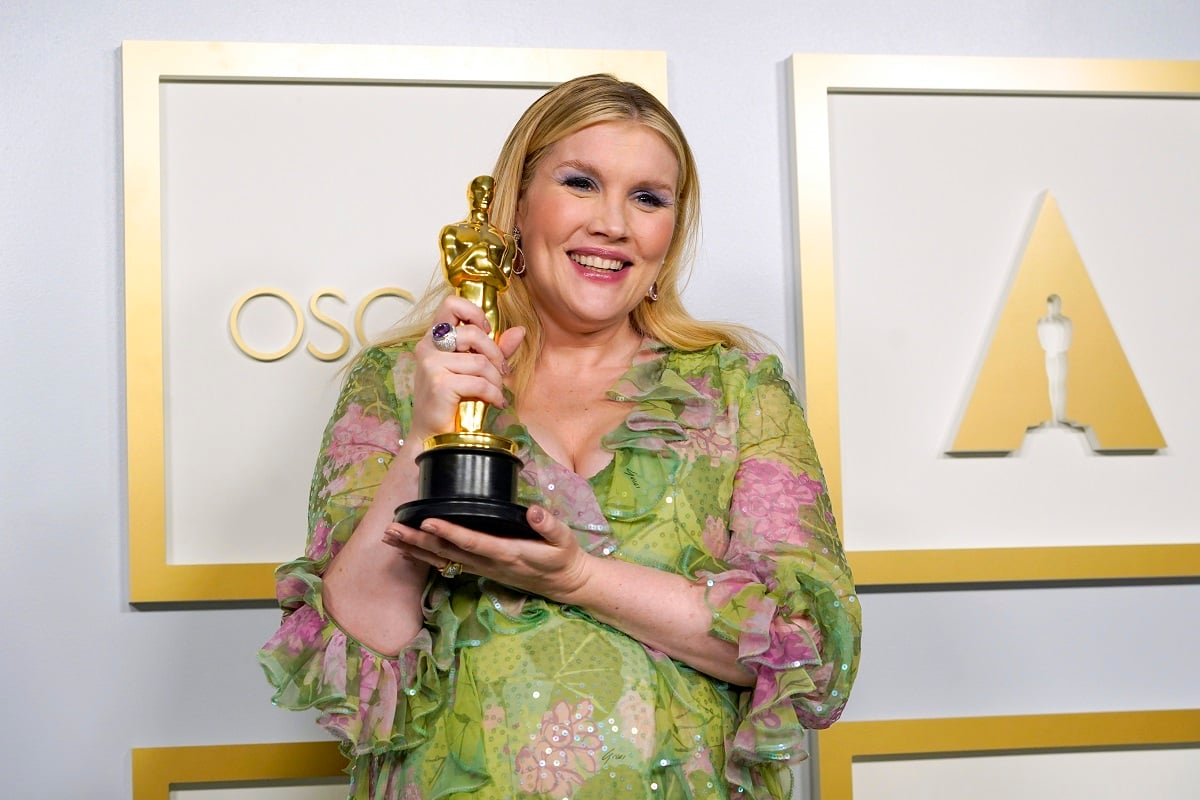Emerald Fennell, winner of Best Original Screenplay for 'Promising Young Woman,' poses in the press room at the Oscars on Sunday, April 25, 2021, at Union Station in Los Angeles.