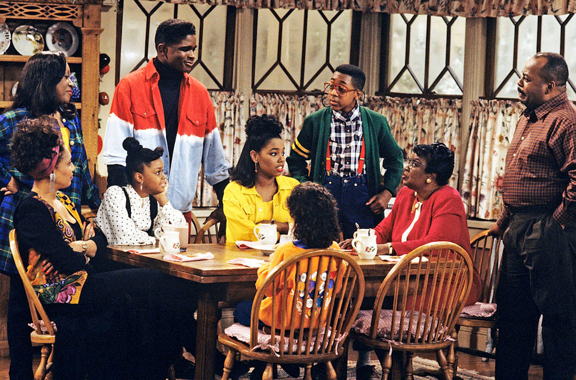 Estelle (Rosetta LeNoire), Rachel (Telma Hopkins), Harriette (Jo Marie Payton), Judy (Jaimee Foxworth), Eddie (Darius McCrary), Laura (Kellie Shanygne Williams), Richie (Bryton McClure), Urkel (Jaleel White) and Carl (Reginald VelJohnson)