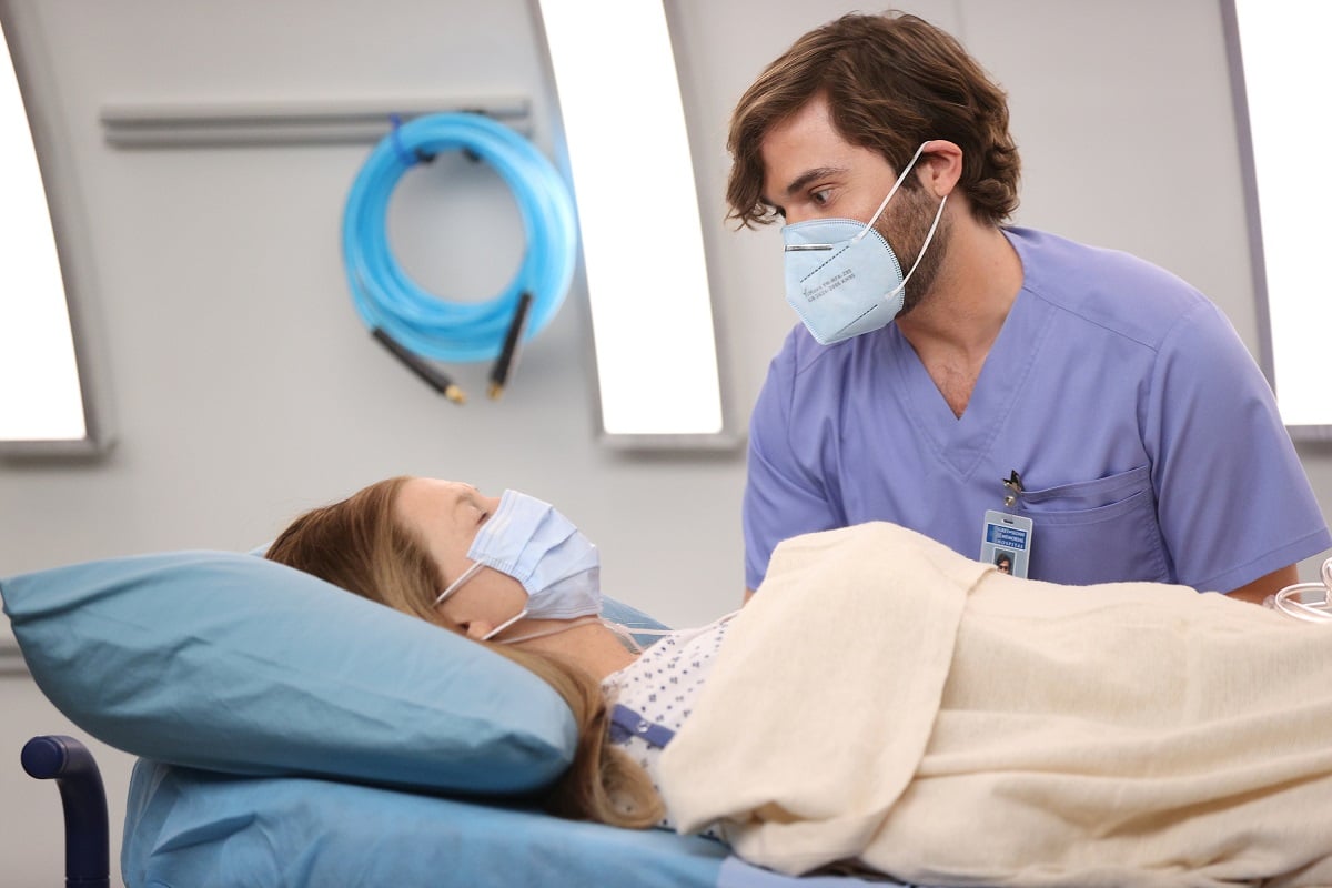 Levi Schmitt (Jake Borelli) with Meredith Grey in 'Grey's Anatomy' Season 17 'Sign O' the Times'