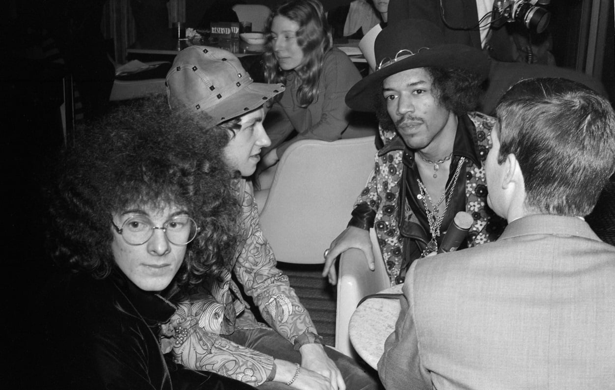 The Jimi Hendrix Experience seated at a 1968 press conference