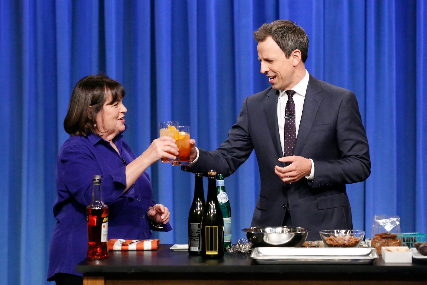 'Barefoot Contessa' Ina Garten and Seth Meyers during a cooking segment on 'Late Night with Seth Meyers'