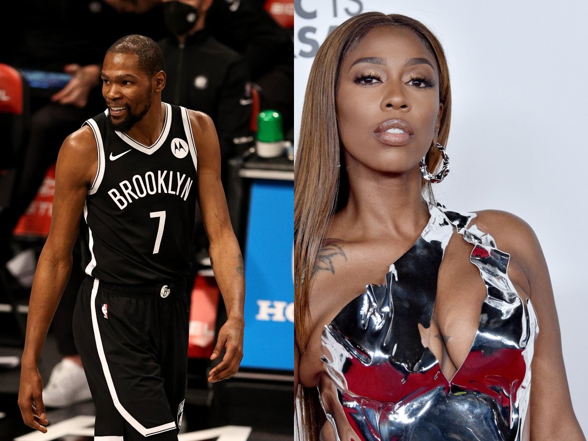 Kevin Durant of the Brooklyn Nets reacts in the second half against the Miami Heat; Kash Doll attends the Universal Music Group 2020 Grammy After Party