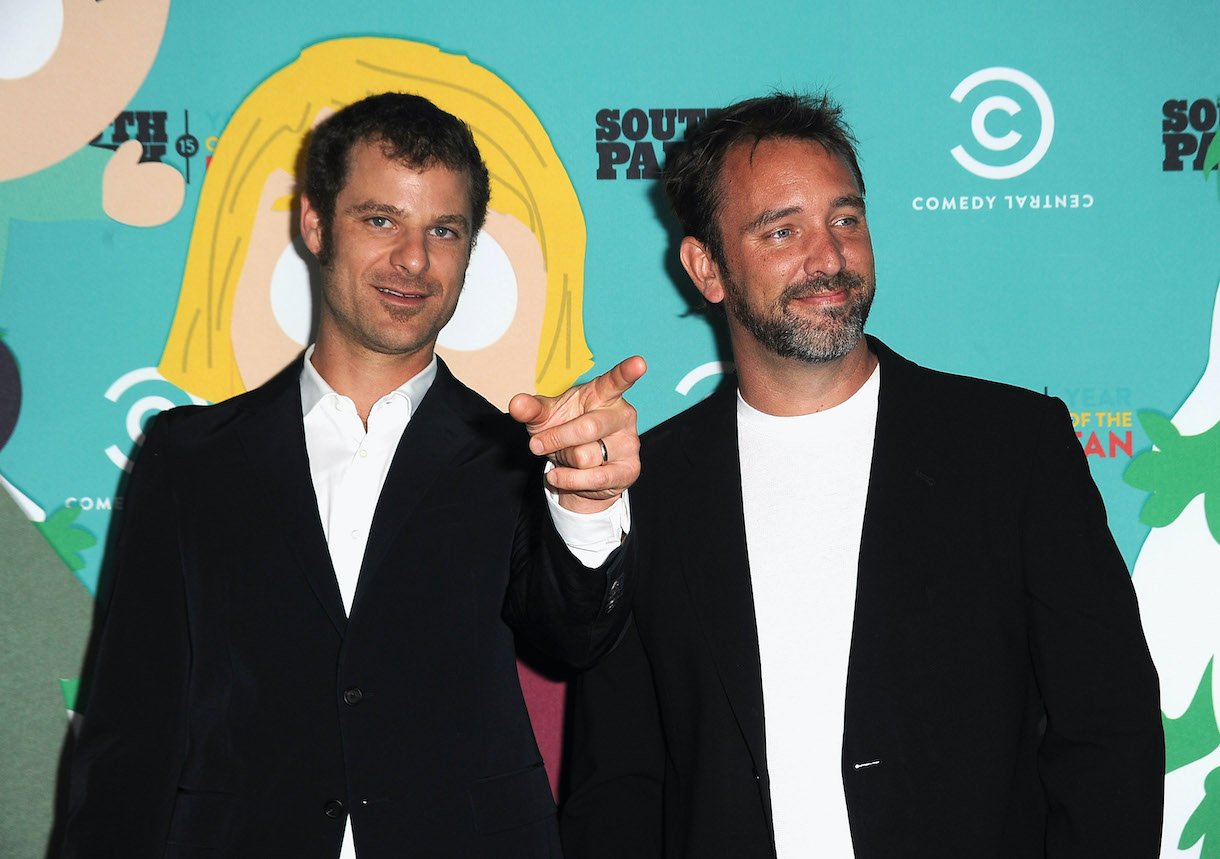 South Park writers/creators Matt Stone and Trey Parker arrive at "South Park's" 15th Anniversary Party