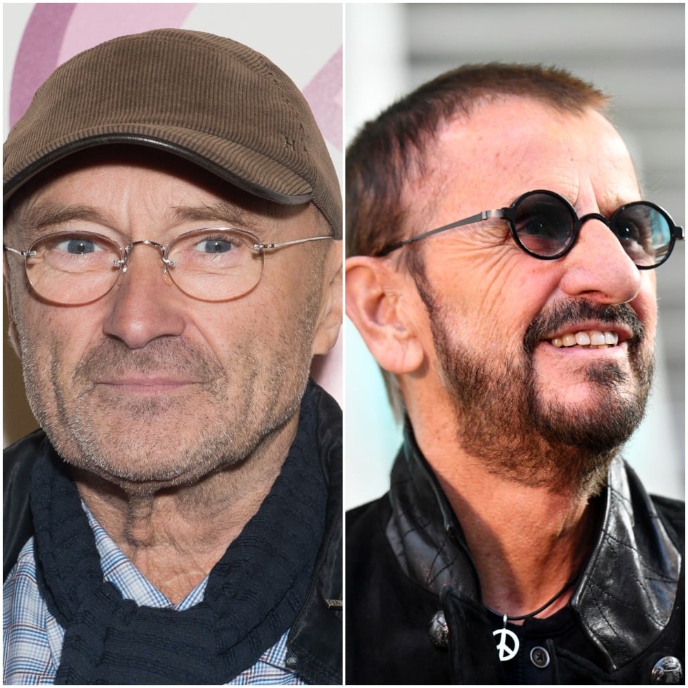 Head shots of, left to right, English drummer, singer, and songwriter Phil Collins in 2014 wearing a brown corduroy ball cap and wired spectacles and former Beatles drummer and activist Ringo Starr in 2019, wearing violet-tinted sunglasses and a leather jacket
