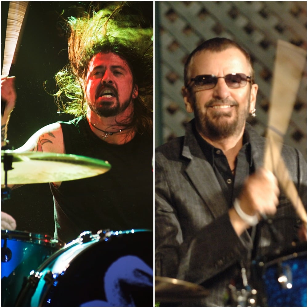 (L to R): Dave Grohl on the drums in 2009; Ringo Starr at his drum kit 