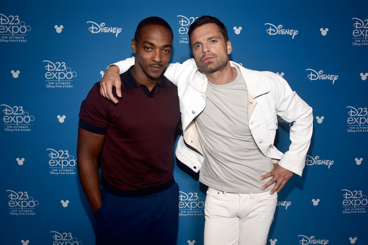(L-R) Anthony Mackie and Sebastian Stan of 'The Falcon and The Winter Soldier' at the Disney+ Showcase