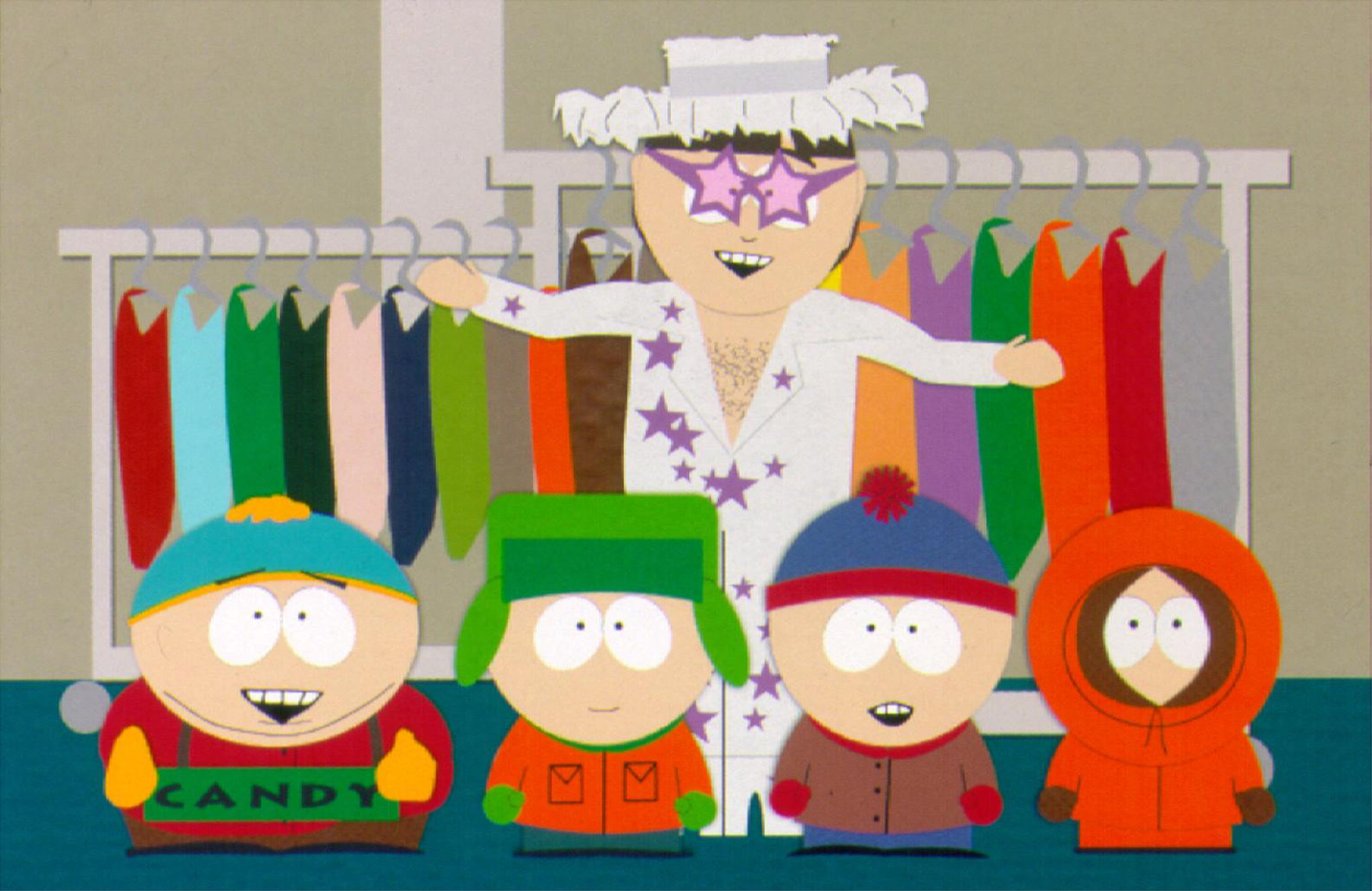 Cartoon TV show "South Park", including Elton John (rear) with (from L to R) Kenny, Stan, Kyle and Cartman are featured in a 1998 episode