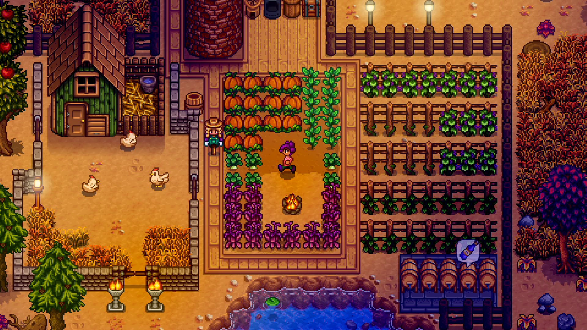 Don't be fooled -- Stardew Valley's Abigail may like purple, but she doesn't like amaranth. A farmer harvests autumn crops.