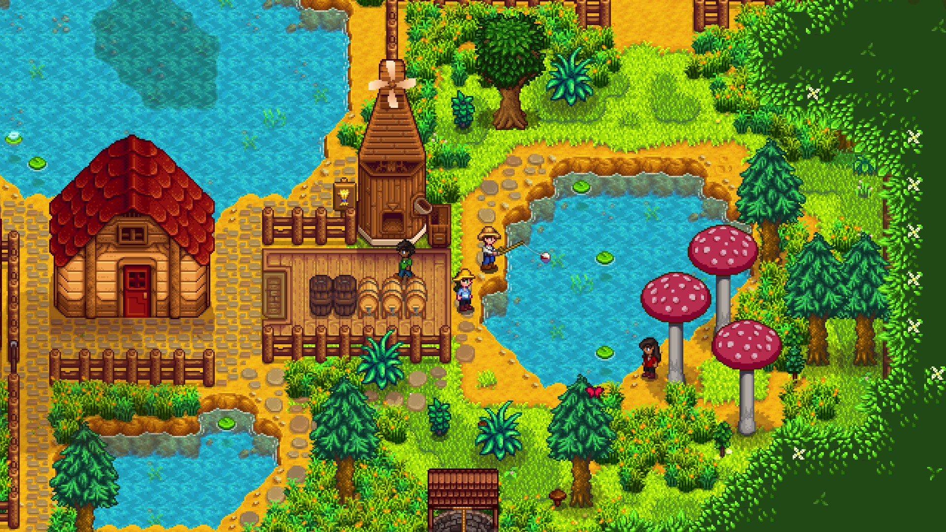 ConcernedApe made 'Stardew Valley' on his own -- three players fish together on their farm.