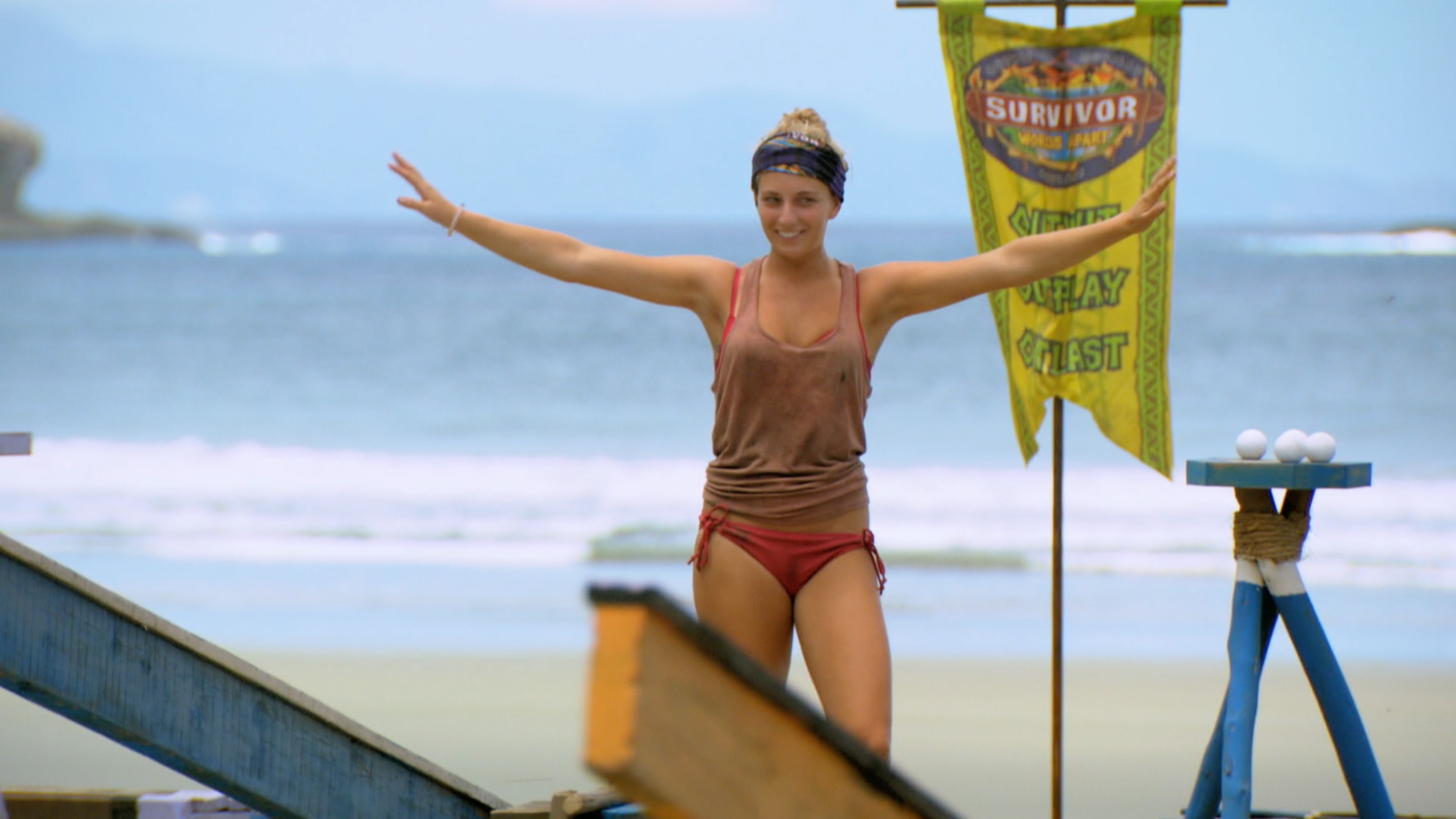 Jenn Brown during the tenth episode of Survivor: Worlds Apart, balancing on a beam