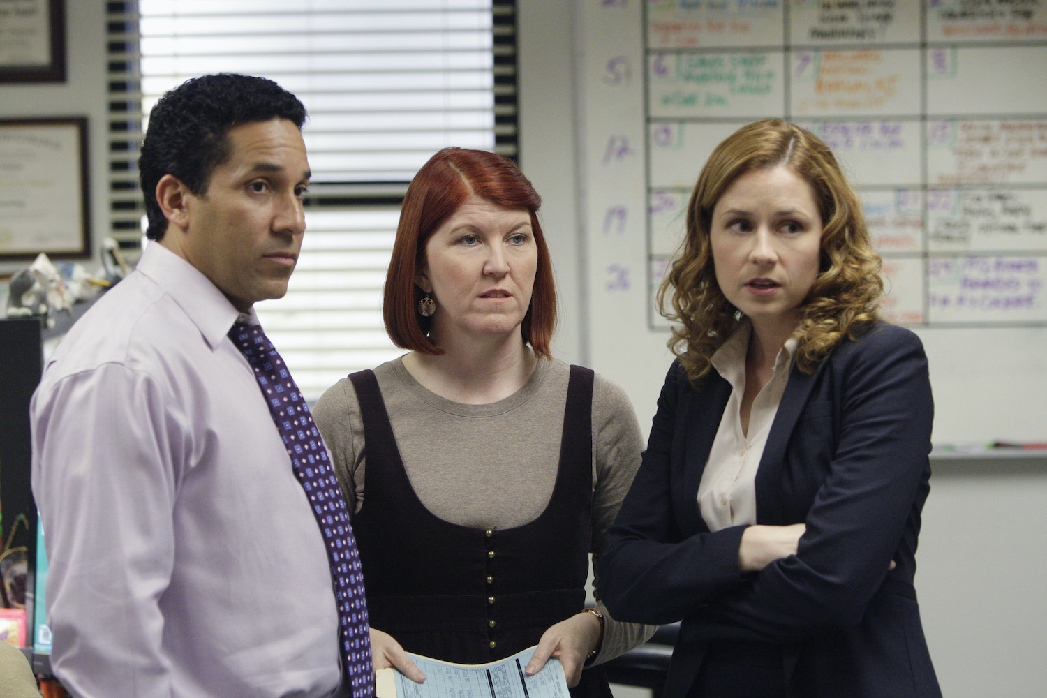 The Office cast: Oscar Nunez as Oscar Martinez, Kate Flannery as Meredith Palmer, and Jenna Fischer as Pam Beesly
