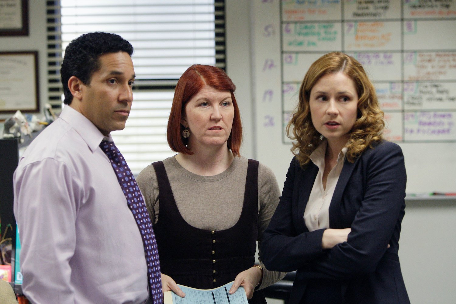 The Office cast: Oscar Nunez as Oscar Martinez, Kate Flannery as Meredith Palmer, and Jenna Fischer as Pam Beesly