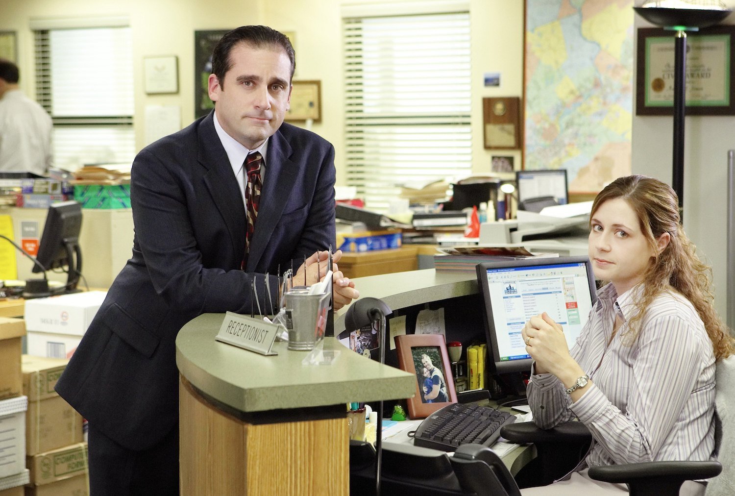 The Office stars Steve Carell as Michael Scott and Jenna Fischer as Pam Beesly 