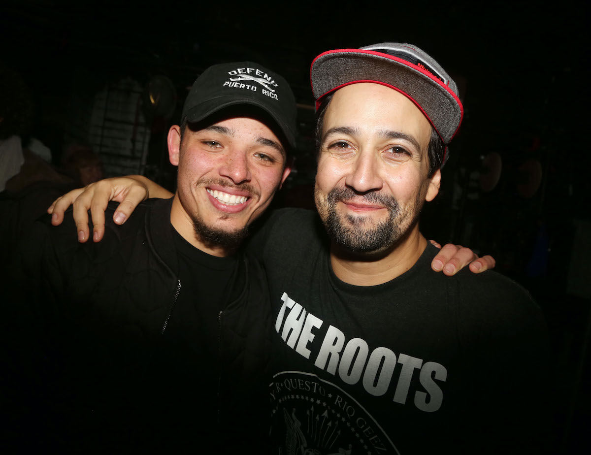 Anthony Ramos and Lin-Manuel Miranda pose backstage at the new hip hop musical 'Freestyle Love Supreme' on Broadway