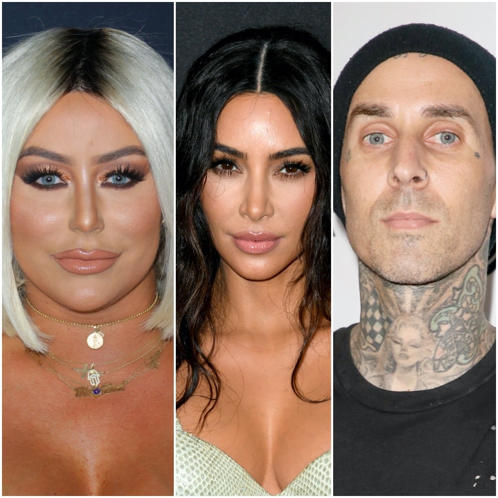 A photo collage of Aubrey O'Day, Kim Kardashian West, and Travis Barker
