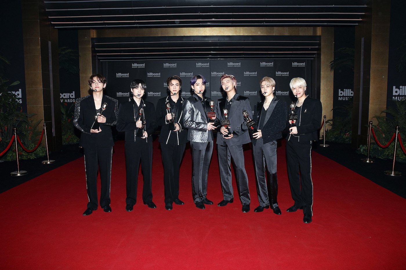 BTS, winner of the Top Selling Song Award for 'Dynamite,' pose for the 2021 Billboard Music Awards on May 23, 2021