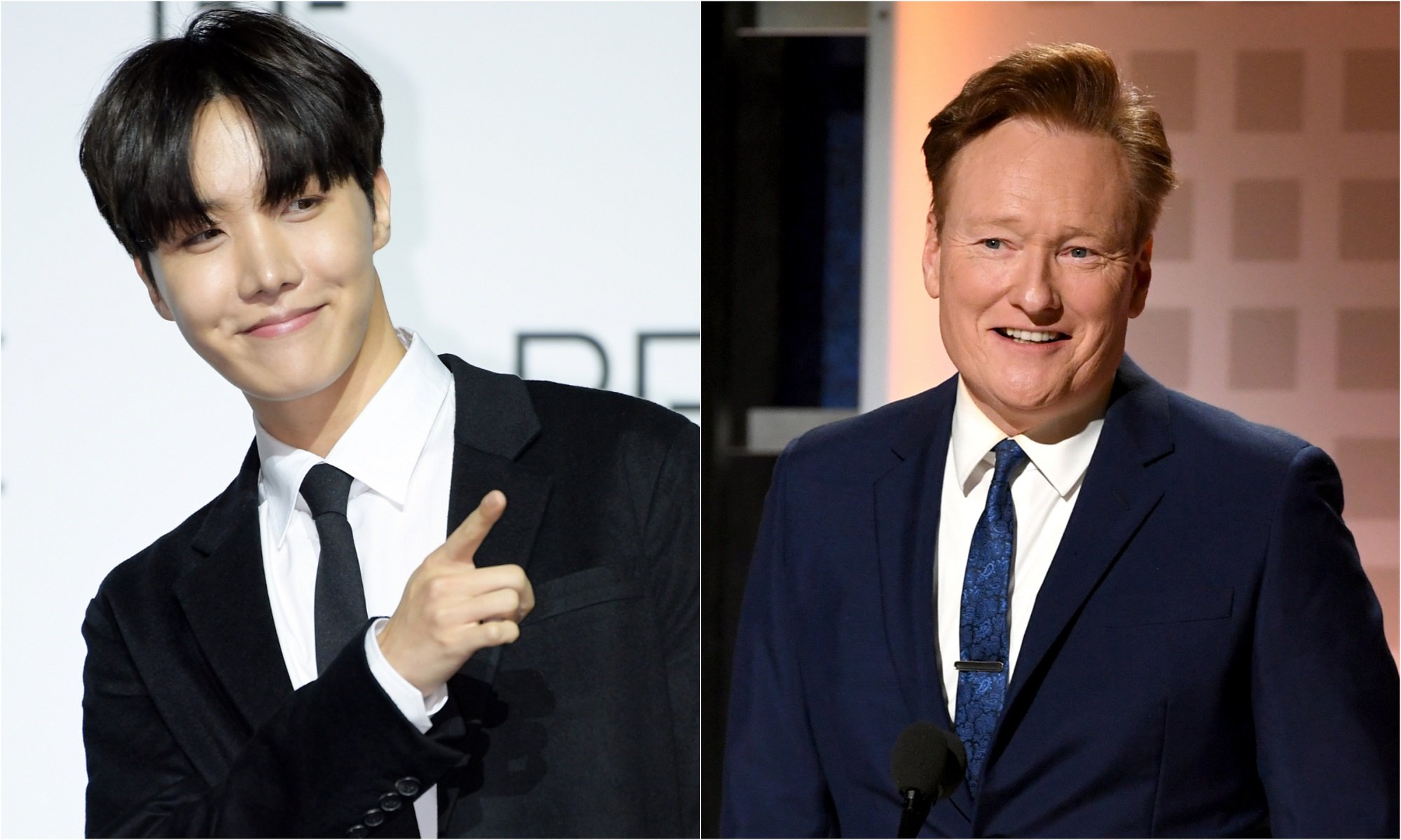 J-Hope of BTS during BTS' 'BE (Deluxe Edition)' press conference and Conan O'Brien during AARP The Magazine's 19th Annual Movies For Grownups Awards