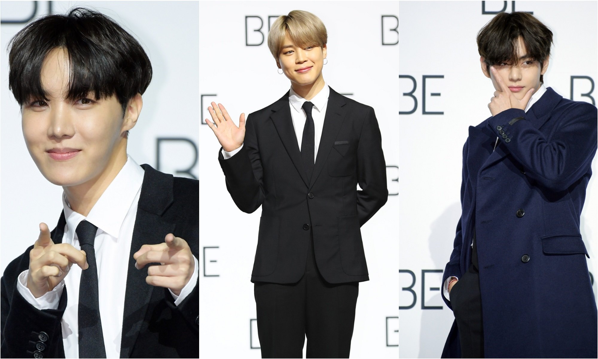 J-Hope, Jimin, and V of BTS at the band's 2020 press conference for their album 'BE'