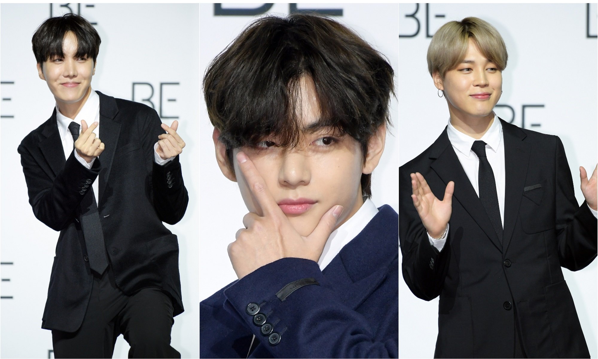 A joined photo of J-Hope, V, and Jimin of BTS at BTS' press conference for 'BE' in November 2020