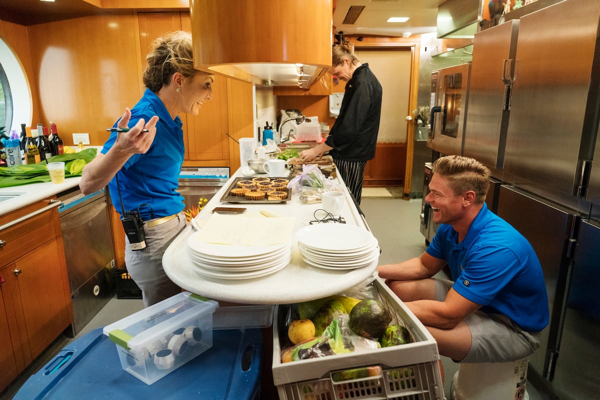 Kate Chastain, Adrian Martin, Ashton Pienaar laugh on My Seanna before a Below Deck Season 6 dinner