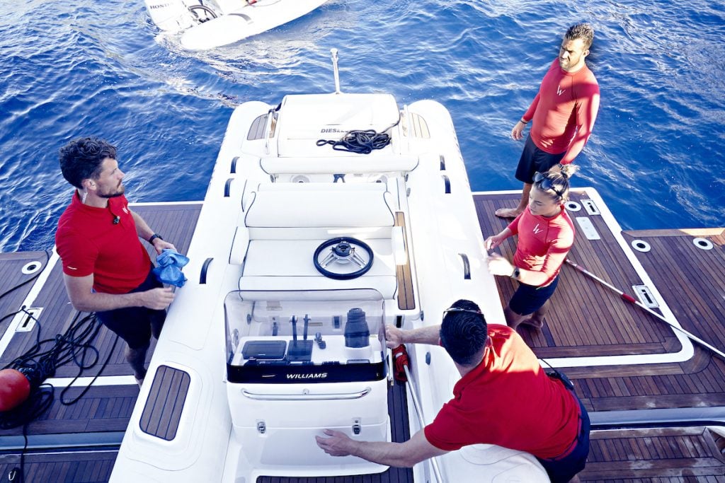 Below Deck Mediterranean Season 6 deck team Robert Westergaard, Malia White, Alex Radcliffe work on a tender