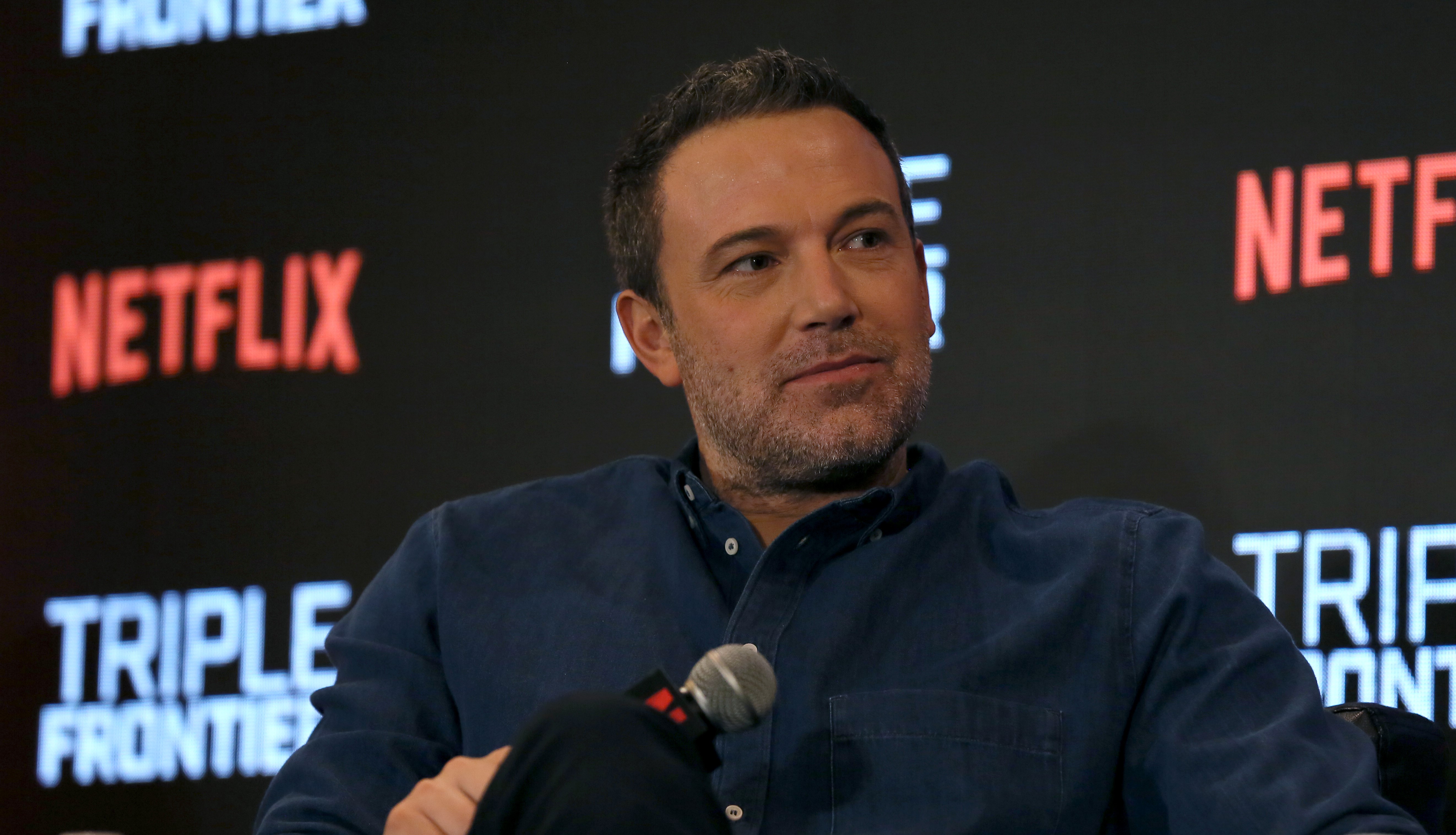 Ben Affleck answering questions at press conference for the Singapore premiere of 'Triple Frontier'