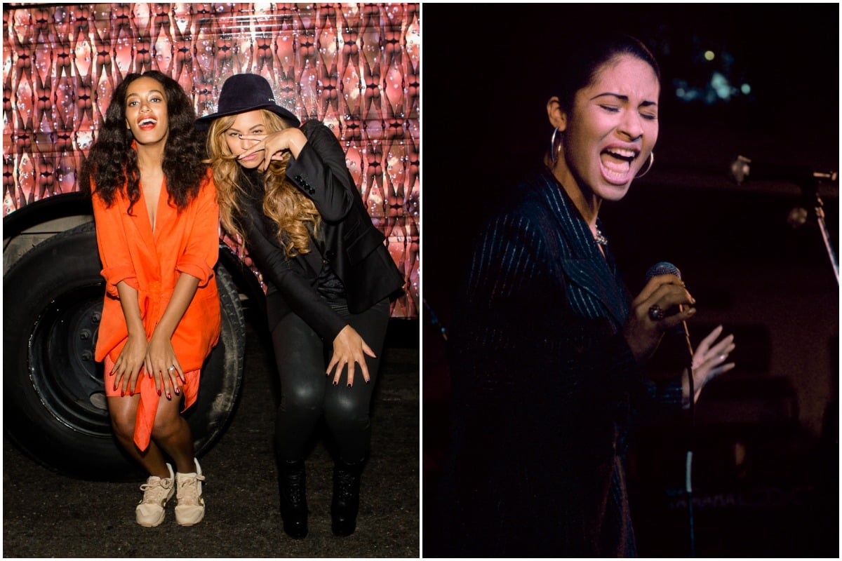 Beyoncé wearing an all-black outfit and Solange wearing an all-orange outfit posing for a photo at an event/ Selena Quintanilla singing while wearing a black suit.